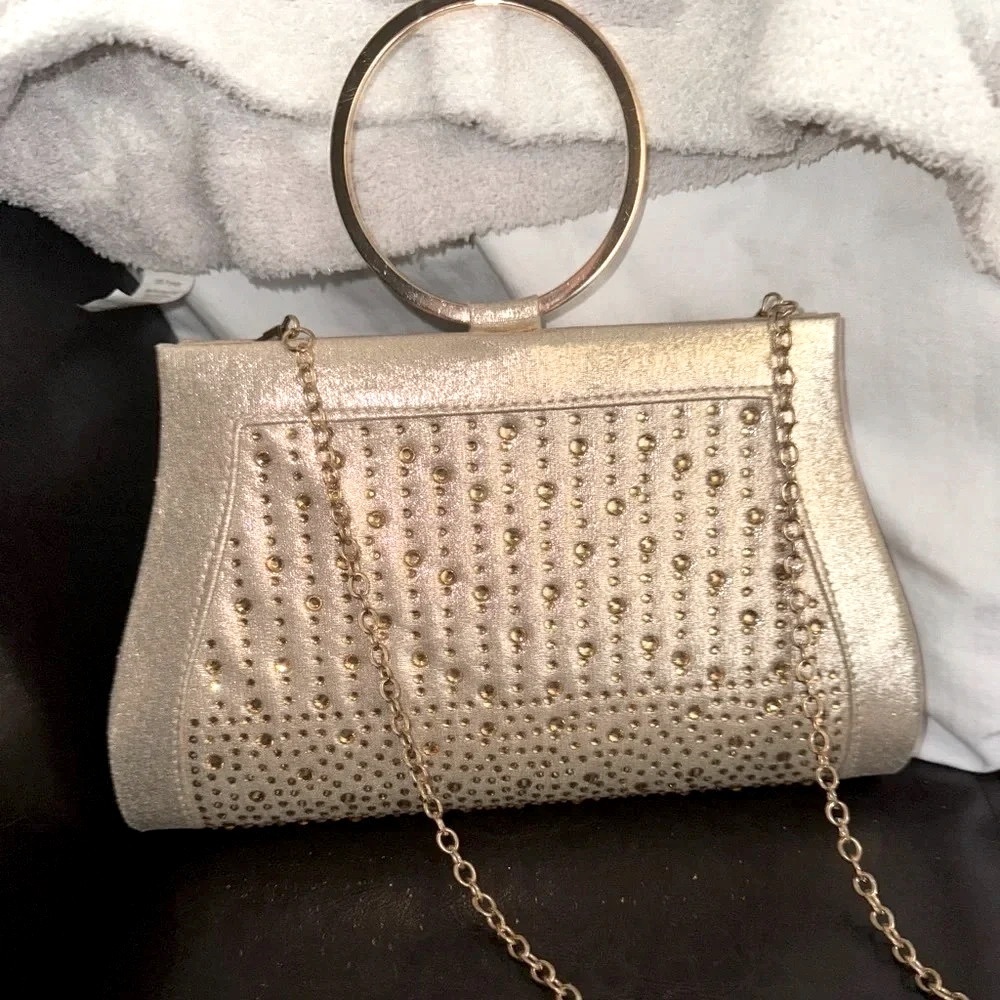 - Champagne satin rhinestones clutch with O-ring handle and crossbody chain